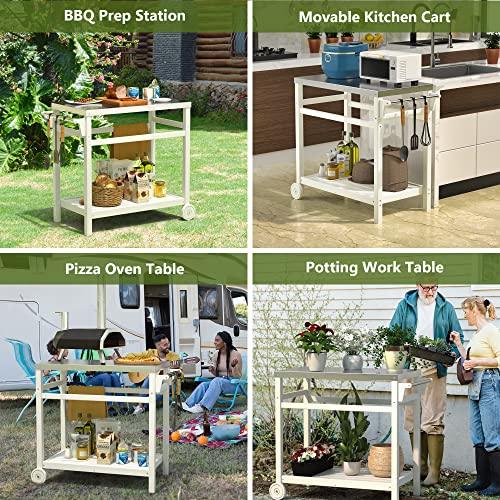 TORVA Outdoor Prep Cart Dining Table for Pizza Oven, Patio Grilling Backyard BBQ Grill Cart(White Color) - CookCave