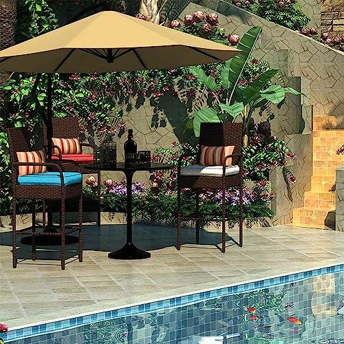 Sundale Outdoor Wicker Bar Stools Set of 4, 4 Piece Rattan Counter Chairs with Back Rest Pillow, Patio Pub Chair with Arms, Cushion Turquoise, All-Weather Outside Furniture - Steel, Brown - CookCave