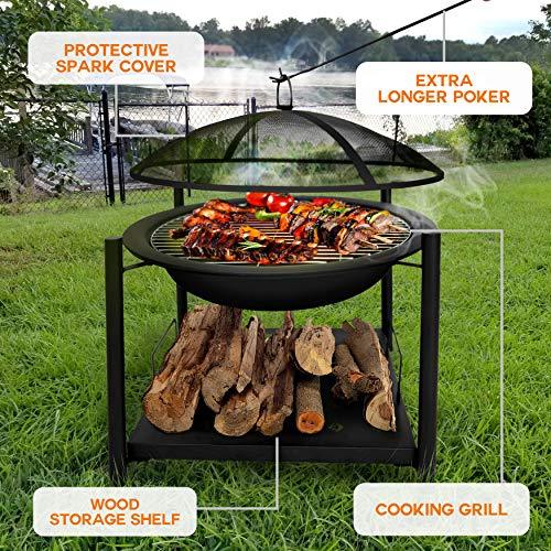 SereneLife Portable Outdoor Wood Fire Pit - 2-in-1 Steel BBQ Grill 26" Wood Burning Fire Pit Bowl w/ Mesh Spark Screen, Cover Log Grate, Wood Fire Poker for Camping, Picnic, Bonfire - SLCARFP54 - CookCave