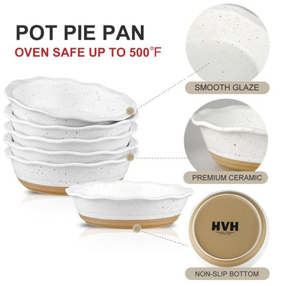HVH Ceramic Pot Pie Pans Set of 6, 6 Inch Pie Pan, Mini Pie Tins for Dessert Kitchen, Non-Stick Pot Pie Dishes with Ruffled Edge, Pot Pie Baking Dishes, Farmhouse Style (White) - CookCave