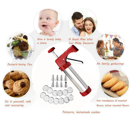 Cookie Press,Classic Stainless Steel Spritz Cookie Press for Baking,Cookie Press Gun,Featuring 13 Decorative Stencil Discs and 8 Icing Tips,Deluxe Cookie Maker - CookCave