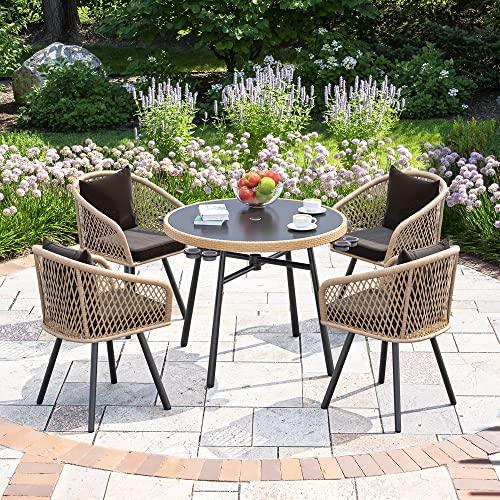 YITAHOME 5-Piece Outdoor Patio Furniture Dining Set, All-Weather Rattan Conversation Set with Soft Cushions and Glass Top Dining Table for Backyard Deck (Light Brown + Black) - CookCave