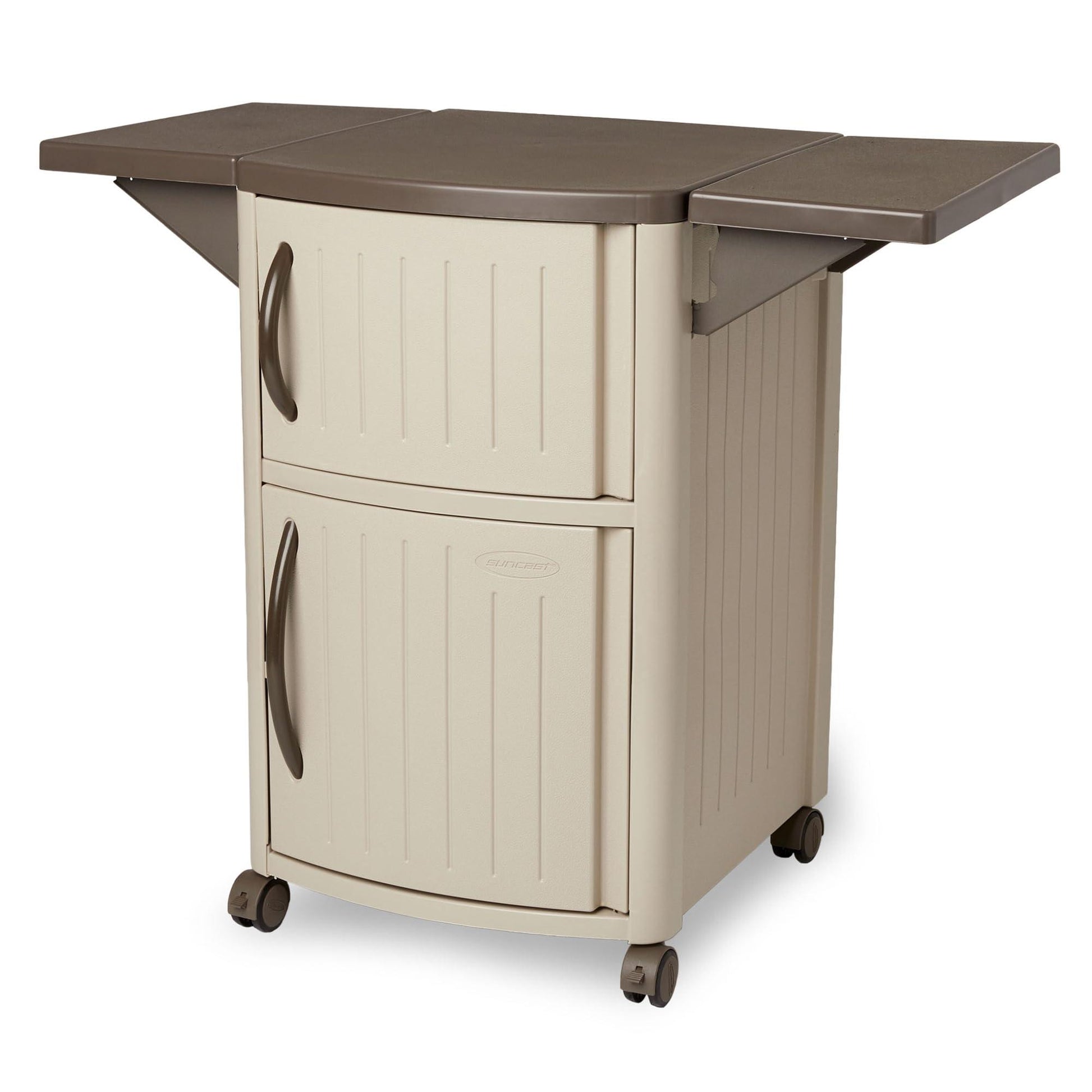 Suncast DCP2000 Portable Outdoor Patio Backyard Grilling Entertainment Serving Prep Station Table with Cabinet Storage and Drop Leaf Extensions, Beige - CookCave