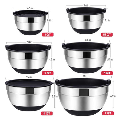 Mixing Bowls Set with Airtight Lids, 20PCS Stainless Steel, Nesting Bowls with 3 Grater Attachments & Non-Slip Bottoms, Size7, 4, 3, 2, 1.5, 1QT Bowls for Baking&Prepping - CookCave