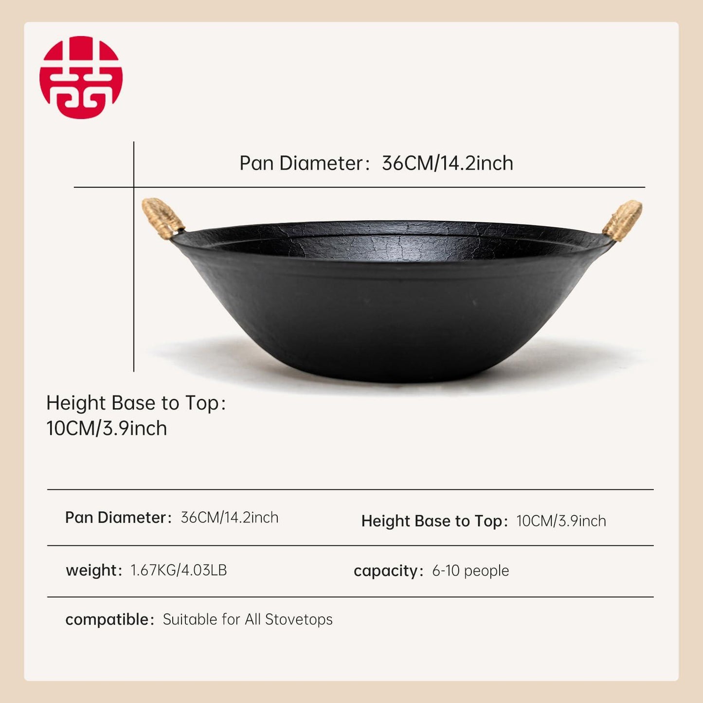 WANGYUANJI Handmade Cast Iron Wok 14.2" Large Woks Stir-Fry Pans with Dual Handle,Suitable for All Cooktops,Uncoated Chinese Traditional wok with Free Dishcloth and Brush - CookCave