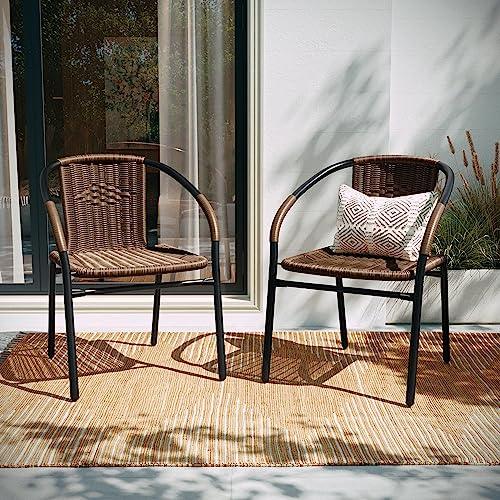 Flash Furniture Lila 4 Pack Medium Brown Rattan Indoor-Outdoor Restaurant Stack Chair | Versatile and Stylish Seating - CookCave