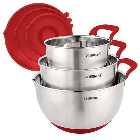 Hillbond Mixing Bowls with BPA Free Airtight Lids Stainless Steel Nesting Bowls with Pour Spout, Silicone Handle and Non-Slip Bottoms for Cooking, Baking, Saving, Dishwasher Safe, 1.5, 3, 5 QT (Red) - CookCave