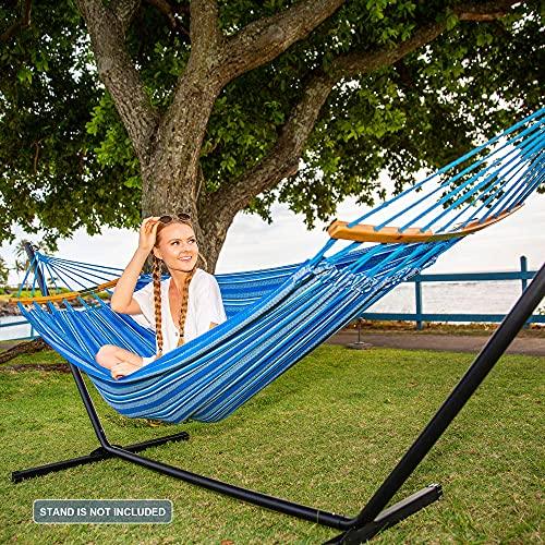 SUNCREAT Hammocks Double Hammock with Curved Spreader Bar, Outdoor Portable Hammock with Carrying Bag & Tree Straps for Bedroom, Patio, Backyard, Balcony, Max 450lbs Capacity, Blue - CookCave