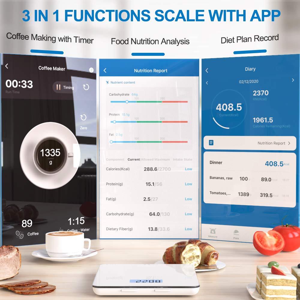 RENPHO Food Scale, Kitchen Scale for Food Ounces and Grams, Smart Cooking Calorie Scale with Timer, Nutritional Analysis with App for Keto Macro Weight Loss, White, 11lb/5kg - CookCave