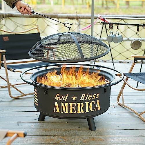 Backyard Expressions GOD Bless America Metal Firepit - 30 Inch - Heavy Duty Steel Fire Pit for Patio/Backyard w/Spark Screen Log Grate and Poker - CookCave