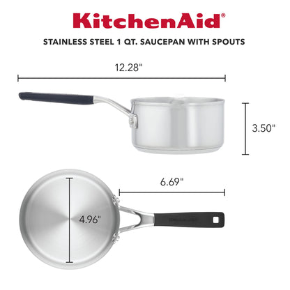 KitchenAid Saucepan with Pour Spouts, 1 Quart, Brushed Stainless Steel - CookCave