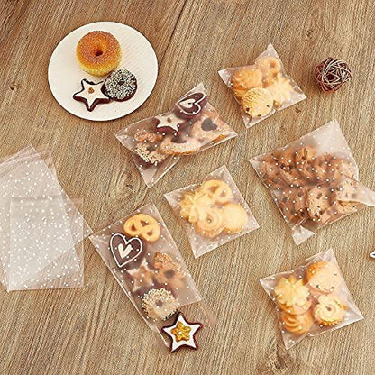 300PCS Cookie Bags Self Adhesive Clear Plastic Cellophane Treat Bags for Candy Pastry Packaging Christmas Party Favor Gift Giving (White Polka Dots, 4 x 4 inches) - CookCave