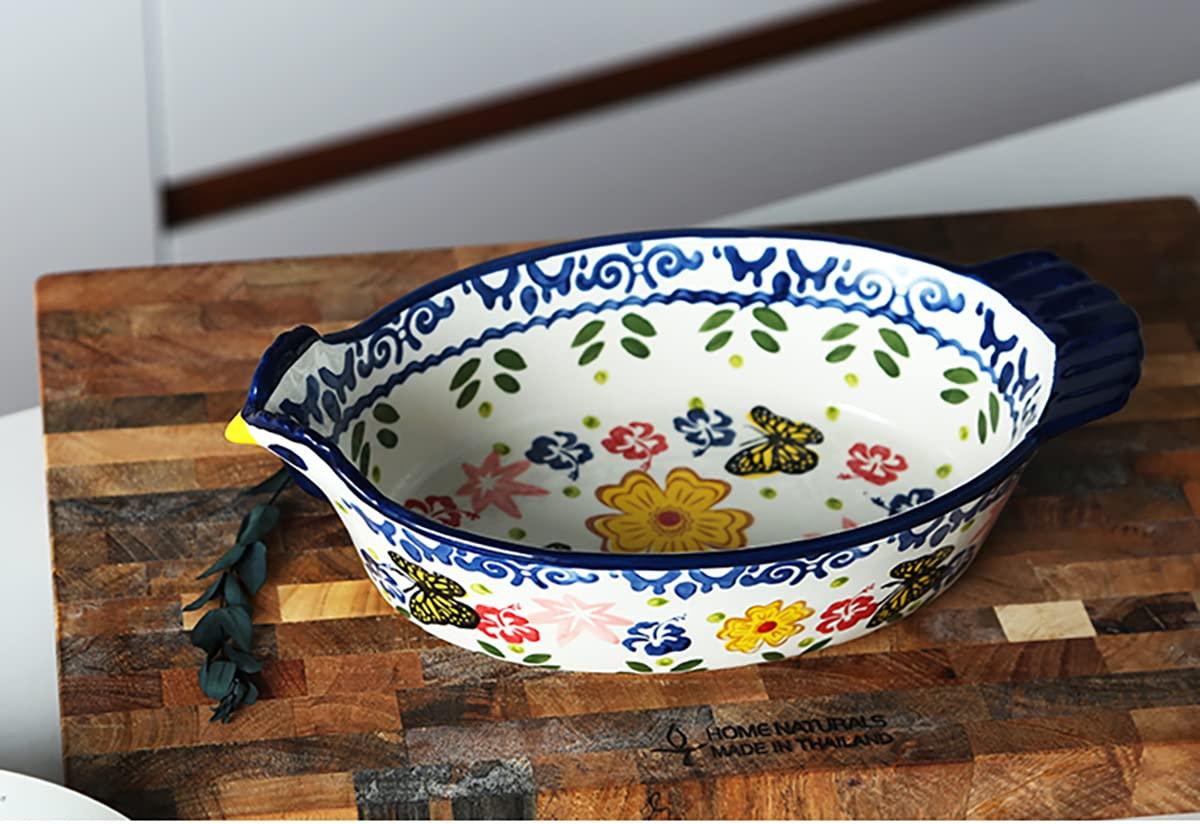 Bicuzat Vintage Butterfly and Flower Pattern Pie Pan, Chicken Shape Ceramic Bakeware Casserole Dish Baking Pan Bakers Lasagna Pans Soup Bowl Baking Dish for Oven to Table-Blue-25 OZ - CookCave