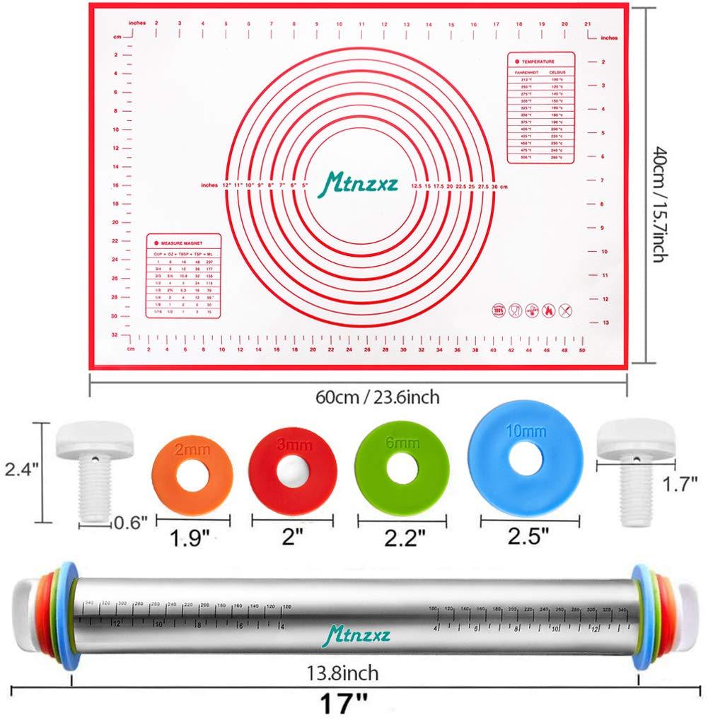 Rolling Pin and Silicone Baking Pastry Mat Set, Stainless Steel Dough Roller with Adjustable Thickness Rings, for Pizza, Pie, Pastries, Pasta, Cookies - CookCave