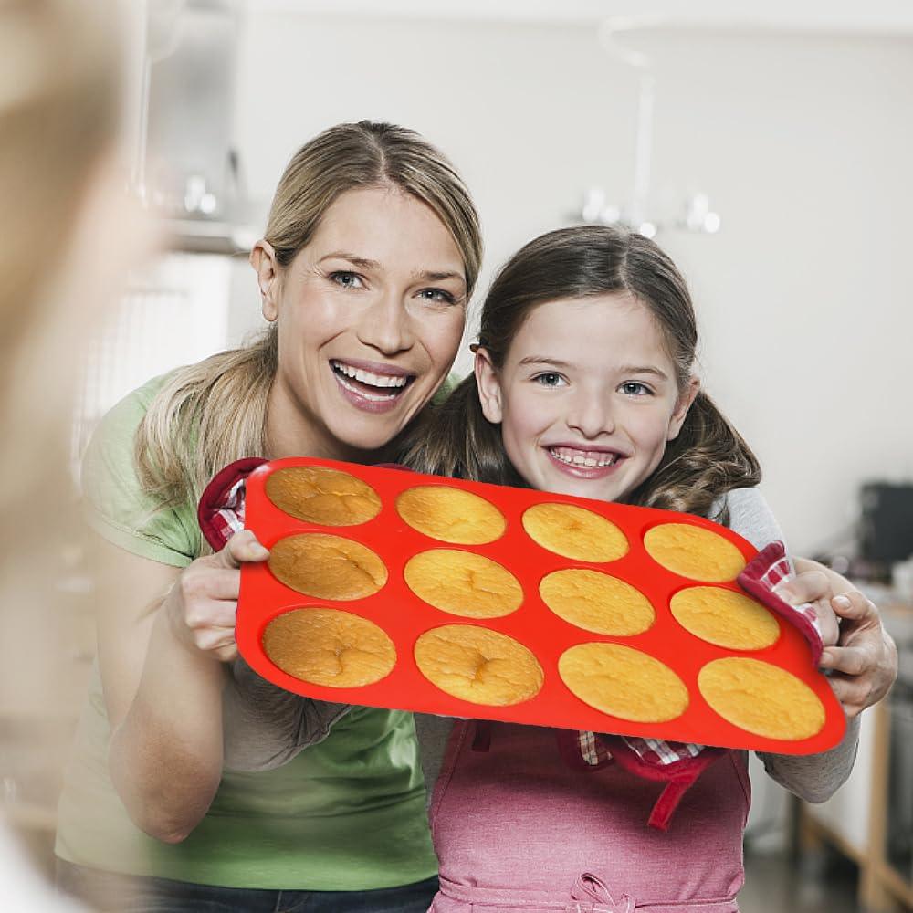 La Chat Silicone Muffin Pan 2 pcs - Nonstick BPA Free silicone Cupcake tray for baking, 12 Cup muffin tin, Silicone molds for making Muffins, Cupcakes and Egg maffins, (red, 12 cavity) - CookCave