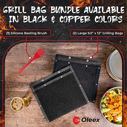 Oleex Non-Stick Large BBQ Grilling Bags + Basting Brush - Reusable PTFE Mesh Indoor Outdoor Charcoal Barbecue Grill Bag Accessories, Heat-Resistant Up to 500 F, Easy to Clean, Dishwasher-Safe - CookCave