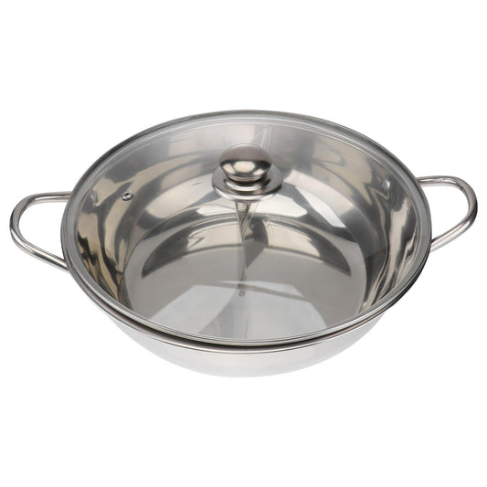 DOITOOL Shabu Shabu Pot Stainless Steel Shabu Shabu Hot Pot with Divider, Two-Flavor Soup Pot Hot Pot with Divider and Toughened Glass Lid for Party, Family Gathering (12.59 Inch Round) - CookCave