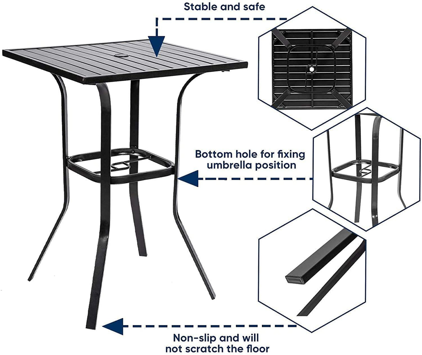 Omelaza Patio Height Bar Table, Outdoor Bistro Square High Top Dining Table with 1.57'' Umbrella Hole & Steel Slat Table Top (Black) - CookCave