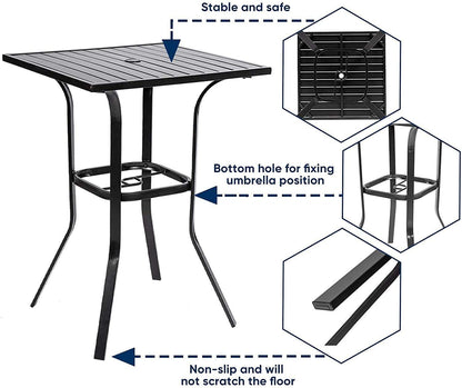 Omelaza Patio Height Bar Table, Outdoor Bistro Square High Top Dining Table with 1.57'' Umbrella Hole & Steel Slat Table Top (Black) - CookCave