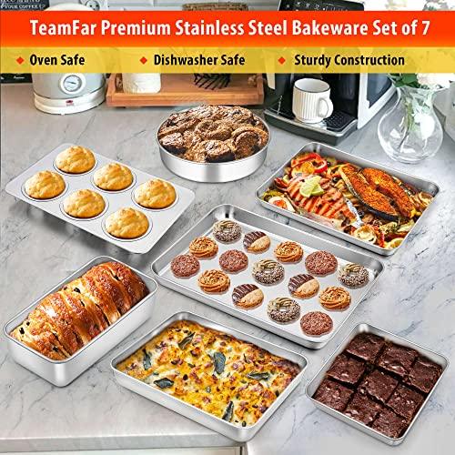 TeamFar Bakeware Sets of 7, Stainless Steel Bakeware Sets for Oven, Baking Sheet & Toaster Oven Pan, Square & Round Cake Pan, Muffin Pan & Loaf Pan, Lasagna Pan, Healthy & Sturdy, Dishwasher Safe - CookCave