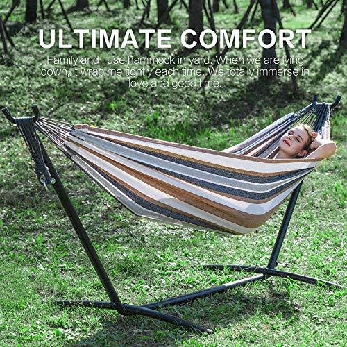 PNAEUT Double Hammock with Space Saving Steel Stand Included 2 Person Heavy Duty Outside Garden Yard Outdoor 450lb Capacity 2 People Standing Hammocks and Portable Carrying Bag (Coffee) - CookCave