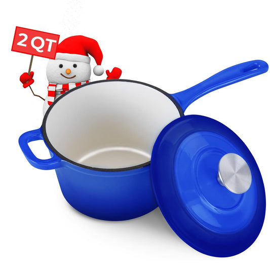 Healthy Choices 2 Qt Enamel Cast Iron Sauce Pot with Lid, Blue Sauce Pan for Small Servings of Pasta Sauce/Gravy, Wedding Gift Ideas, Even Heat Distribution, Dishwasher Safe, All Cooktops - Upto 500°F - CookCave