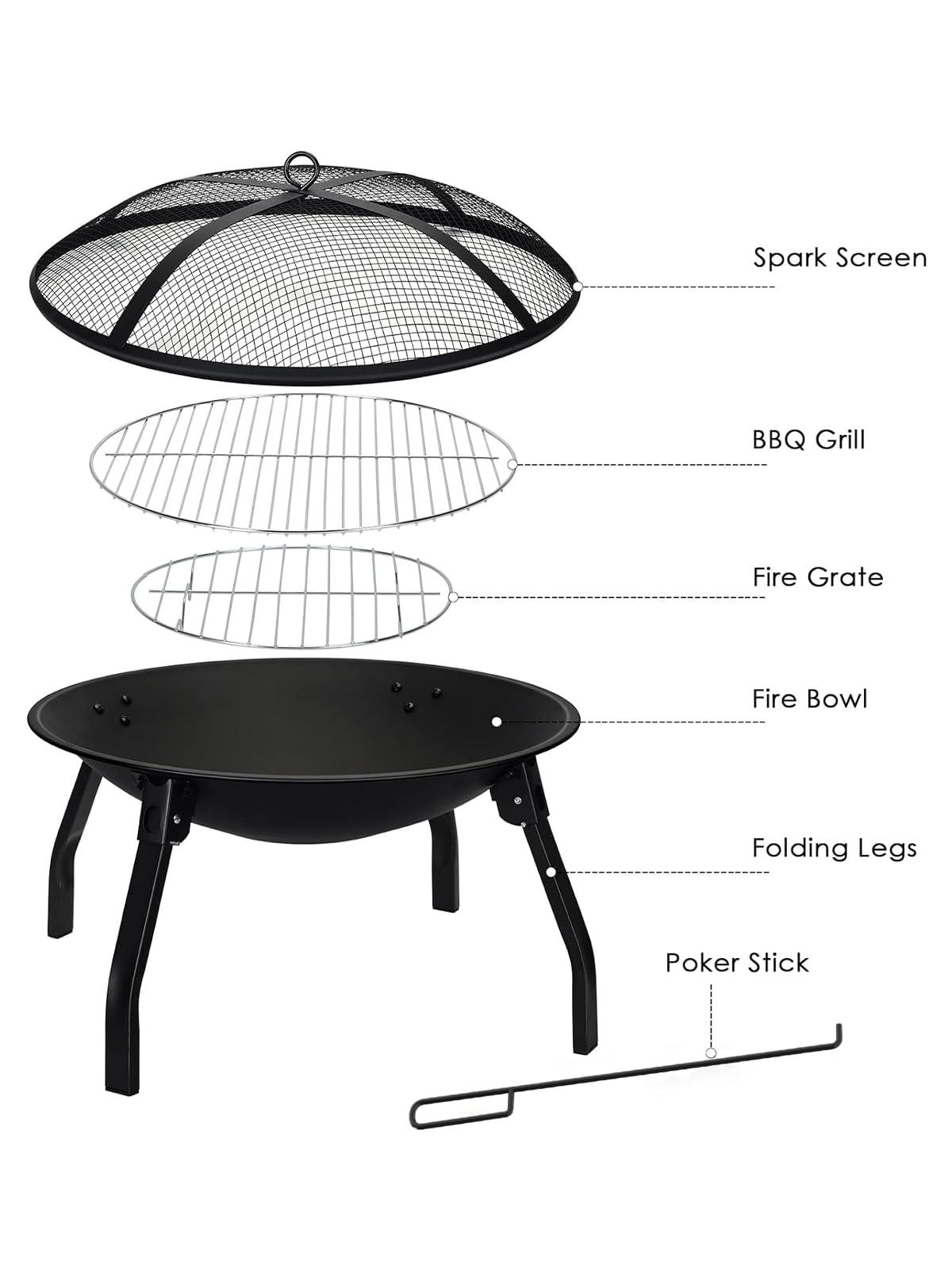 PROUS Outdoor Fire Pit, 22in Foldable Wood Burning Fire Pit, Portable Fire Pit for Camping with Carry Bag, Spark Screen & Poker, Pack Grill, Folding Legs for Camping, Picnic, Bonfire - CookCave