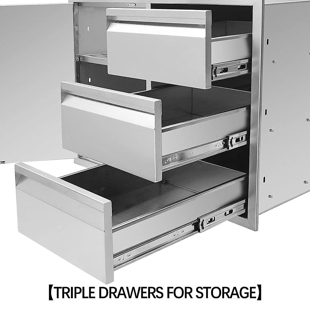 Karpevta Outdoor Kitchen Drawer Combo 28''W x 22''H x 19.5''D, Multi-Layer Design Access Door &Triple Drawers Combo Stainless Steel with Partition Perfect for Outdoor Kitchen BBQ Island - CookCave