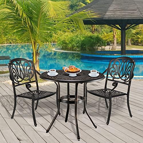 VINGLI Cast Aluminum Patio Table with Umbrella Hole Outdoor Bistro Table, Cast Aluminum Patio Dining Table, Outdoor Table with Umbrella Hole (32" Diax29 H) - CookCave