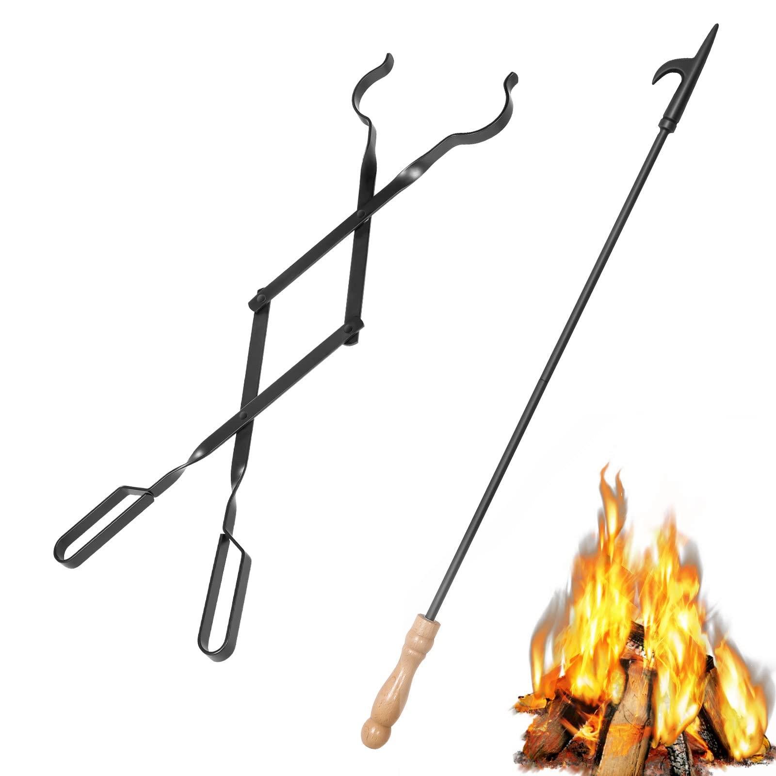 26" Fireplace Fire Pit Tongs & 32" Fire Pit Poker, Fireplace Wood Stove Firewood Tongs, Black Heavy Duty Wrought Iron Log Grabber Fire Pit Tools for Campfire, Fireplace, Bonfires, Indoor&Outdoor Use - CookCave