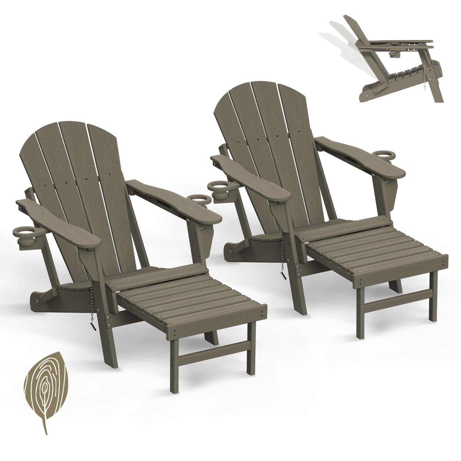 GREENVINES Folding Adirondack Chair with Adjustable Back & Ottoman Set of 2, Wood Grain HDPE All-Weather Poolside Chairs w/Cup Holders & Footrest for Fire Pit Campfire Deck Outdoor, Desert Brown - CookCave