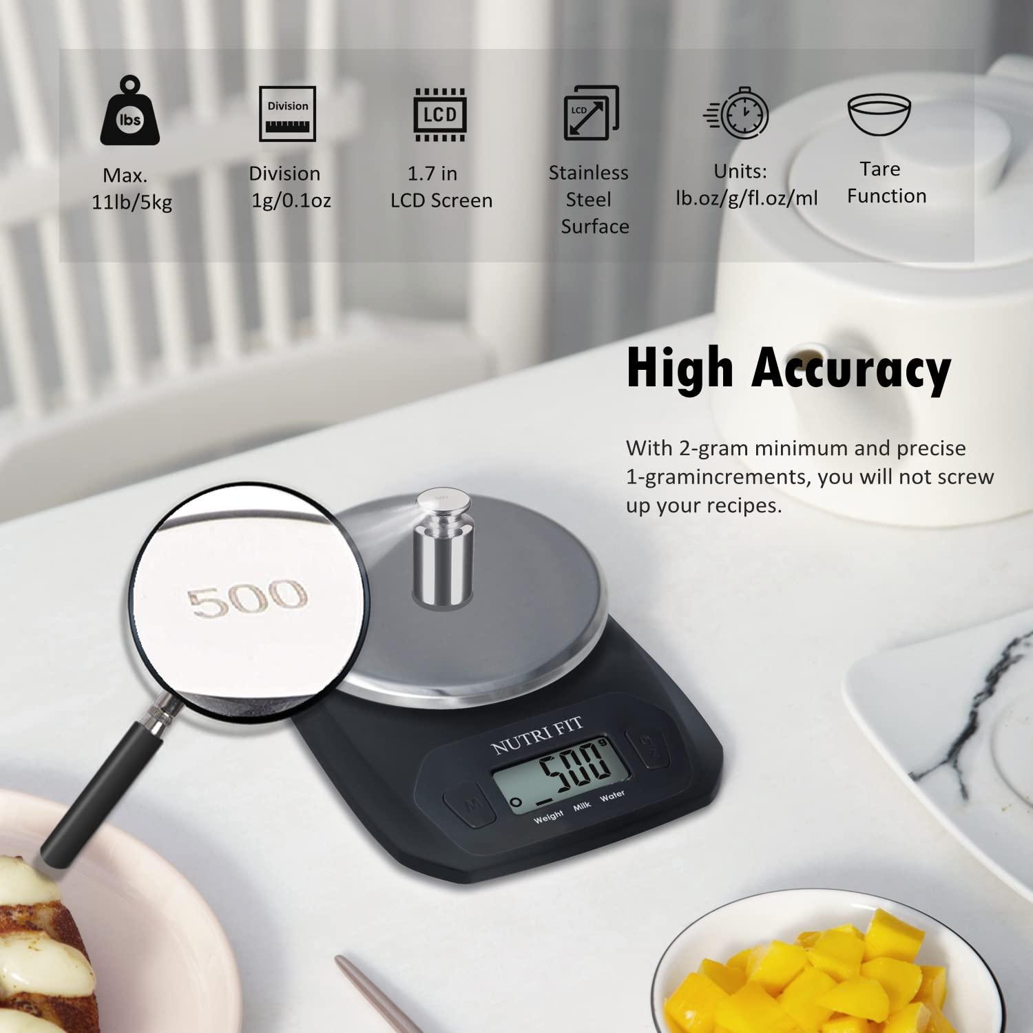 NUTRI FIT Digital Food Scale Small Kitchen Scales Weight in Grams and OZ for Cooking Baking Weight Loss, Stainless Steel Tare & Backlit LCD Display, Black - CookCave