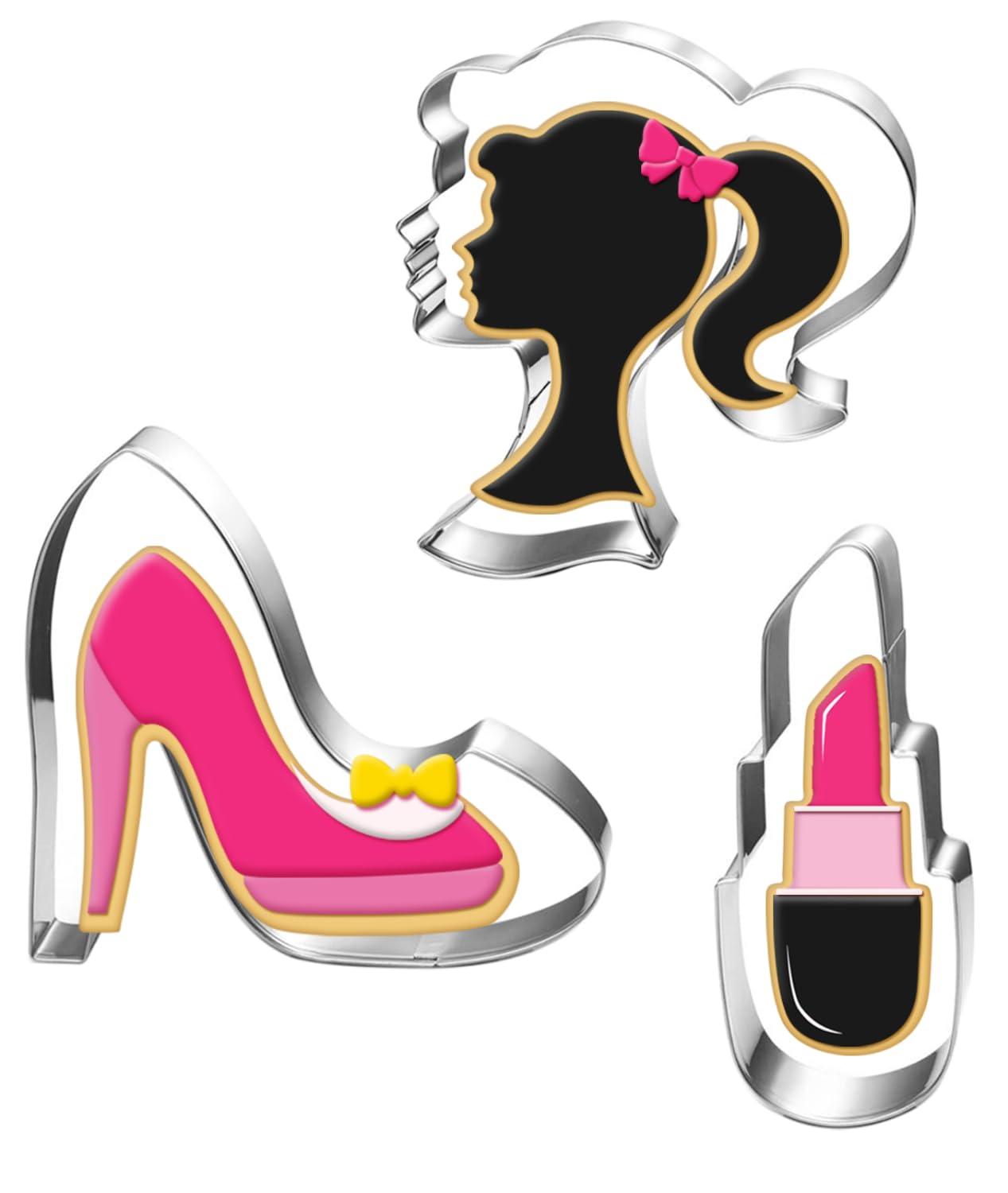 Auktosmn Fasion Girl Cookie Cutter Set-3 Piece-Dishwasher Safe-Doll Head, High Heel and Lipstick-Pink Girl Themed Fondant Biscui Cutters - CookCave