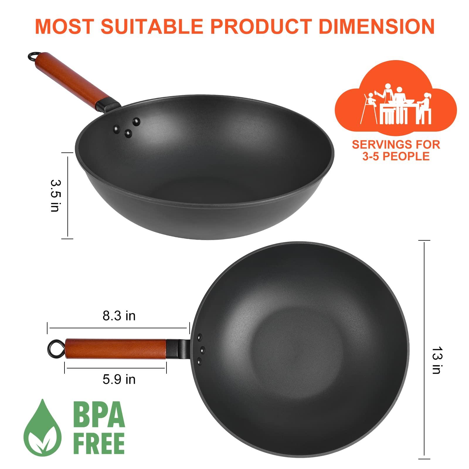 Wok Pan with Lid - 13" Nonstick Wok, Carbon Steel Woks & Stir-Fry Pans Set with 7 Cookwares, No Chemical Coated Flat Bottom Chinese wok, for Electric, Induction and Gas Stoves - CookCave