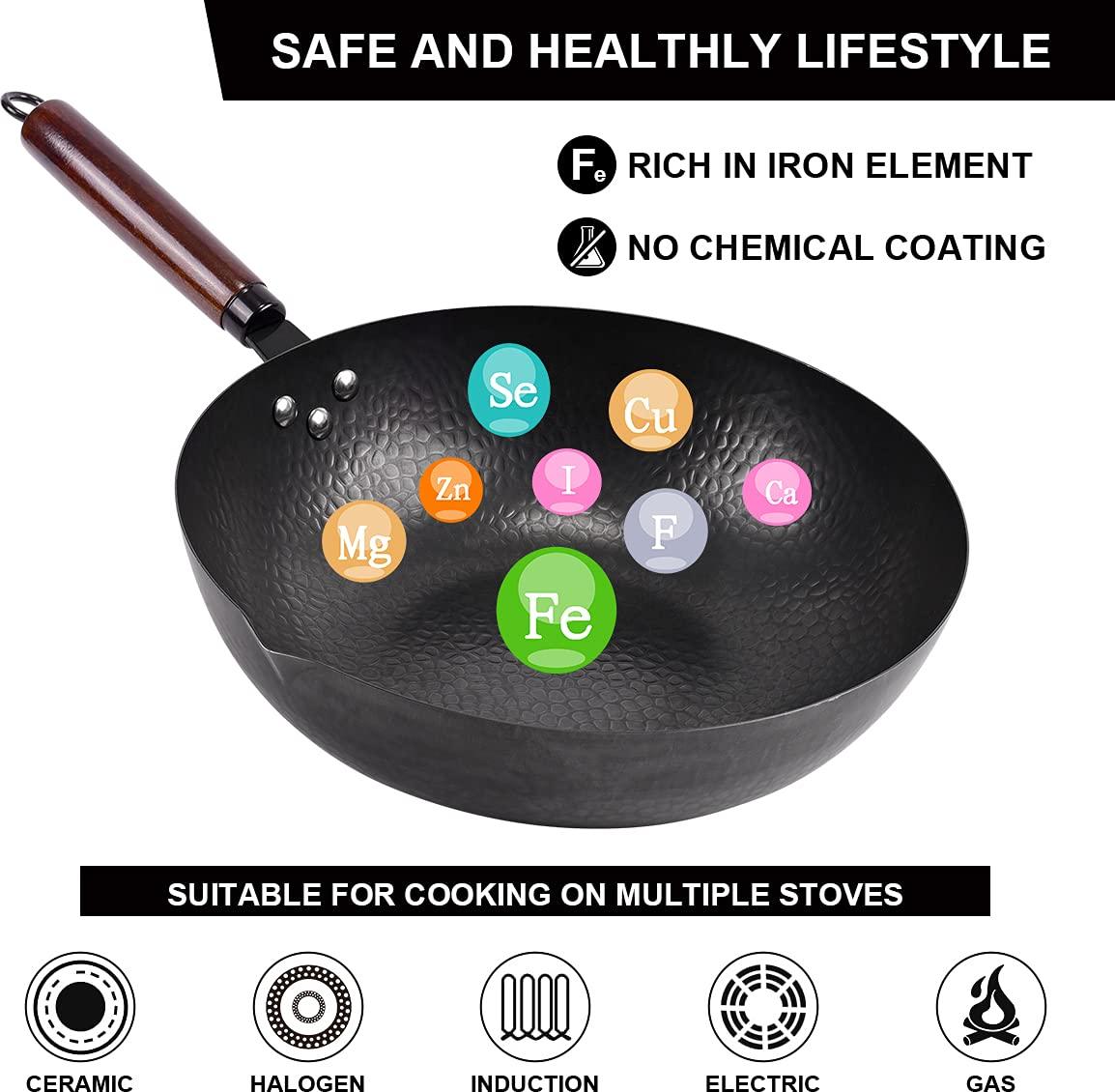 Leidawn 12.8" Carbon Steel Wok - 11Pcs Woks & Stir Fry Pans Wok Pan with Lid, No Chemical Coated Chinese Wok with 10 Cookware Accessories, Flat Bottom Wok for Electric, Induction,Gas Stoves - CookCave