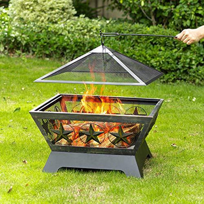 AMAGABELI GARDEN & HOME Fire Pit Outdoor Wood Burning 24in with Fireplace Poker Spark Screen Retardant Mesh Lid Rustproof Bronze - CookCave