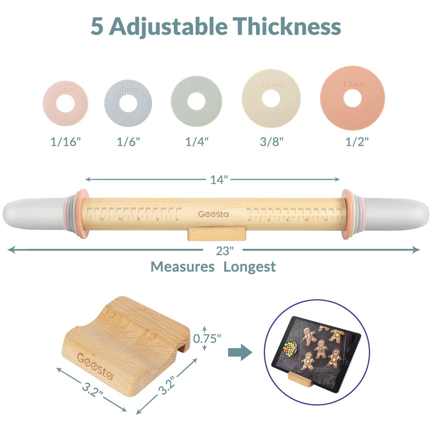 Geesta Adjustable Wood Rolling Pin with 5 Thickness Rings, Precise Dough Roller Handle Press Design with Measurement Guide for Fondant, Pizza, Pie Crust, Cookie, Pastry Baking Decorating Accessories - CookCave