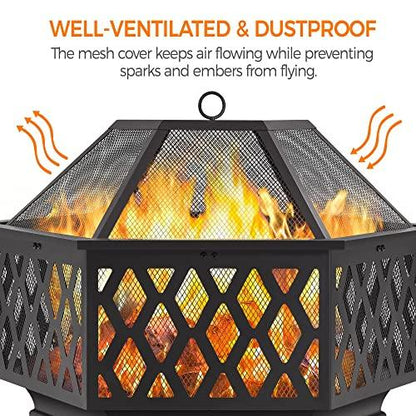 Yaheetech 28in Fire Pit Fire Pits for Outside Hex Shaped Firepit Bowl Outdoor Fire Pit Large Wood Burning Fire Pit with Spark Screen & Poker for Bonfire Patio Outside Picnic BBQ - CookCave