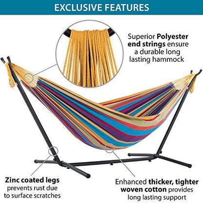 Vivere Double Cotton Hammock with Space Saving Steel Stand, Tropical (450 lb Capacity - Premium Carry Bag Included) - CookCave