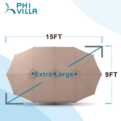 PHI VILLA 15ft Large Patio Umbrellas with Base Included, Outdoor Double-Sided Rectangle Market Umbrella with Crank Handle, for Poolside Lawn Garden, Beige - CookCave