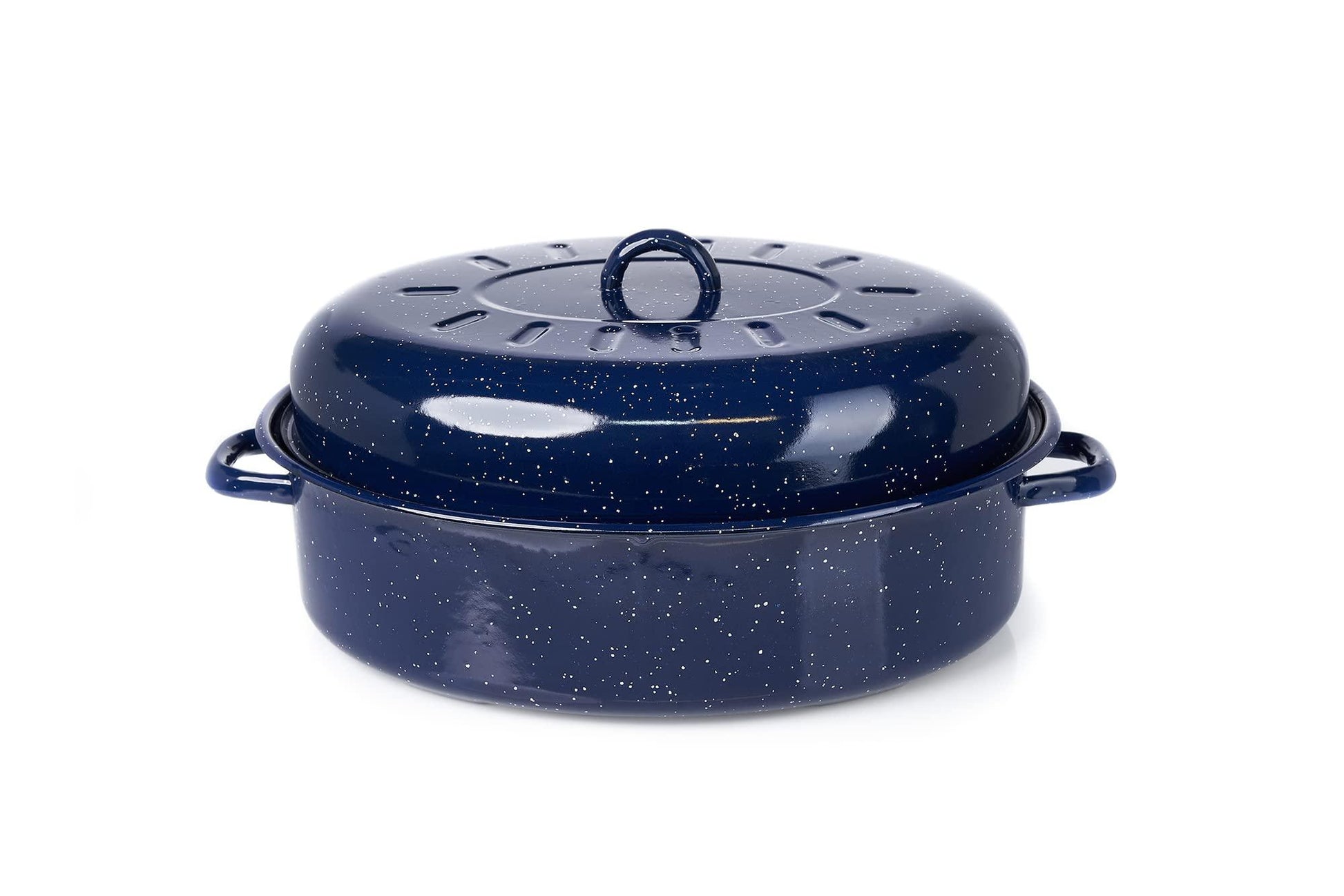 IMUSA USA 18" Traditional Vintage Style Blue Speckled Enamel on Steel Covered Oval Roaster - CookCave