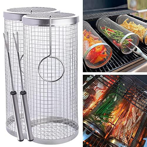 [2 PCS] 2024 New Rolling Grilling Basket BBQ Grill Basket for Outdoor Stainless Steel Grill Mesh bbq Grill Accessories Portable Camping Grill Baskets for Fish, Meat, Vegetable, Shrimp, French Fries - CookCave