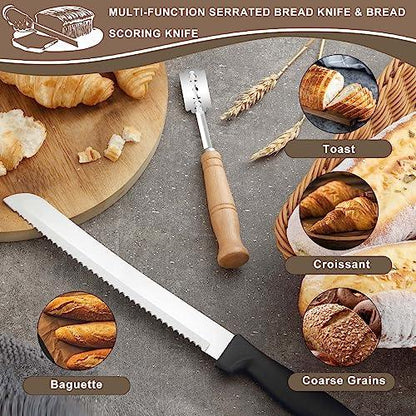 hunnycook Bread Knife And Bread Lame Slashing Tool 8-Inch Serrate Bread Knife And Dough Scoring Knife with 8 Razor Blades - Bread Knife for Homemade Bread -Sourdough Bread Baking Supplies - CookCave