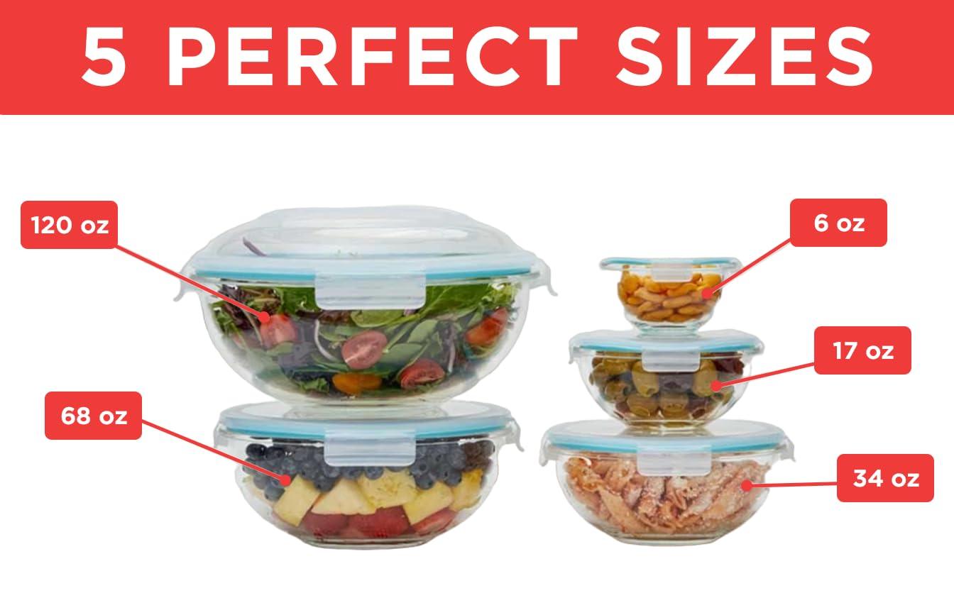 EatNeat Set of 5 Airtight Glass Food Storage Containers with Lids | Premium Airtight Storage Containers | Meal Prep Food Containers with Lids | Glass Mixing Bowls | Kitchen Storage Containers - CookCave