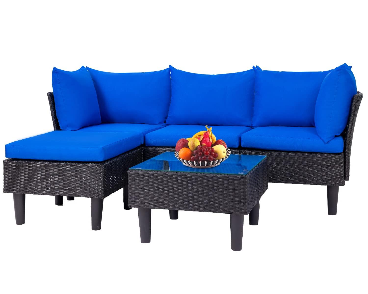 FDW 5 Pieces Patio Furniture Sets Outdoor Sectional Sofa Wicker Chair Rattan Conversation Set for Outdoor Backyard Porch Poolside Balcony Garden Furniture with Coffee Table,Blue Cushion - CookCave