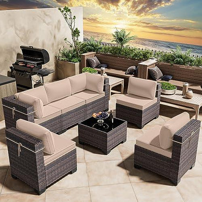 RTDTD Outdoor Patio Furniture Set, 7 Pieces Outdoor Furniture All Weather Patio Sectional Sofa PE Wicker Modular Conversation Sets with Coffee Table,6 Chairs & Seat Clips Brown - CookCave