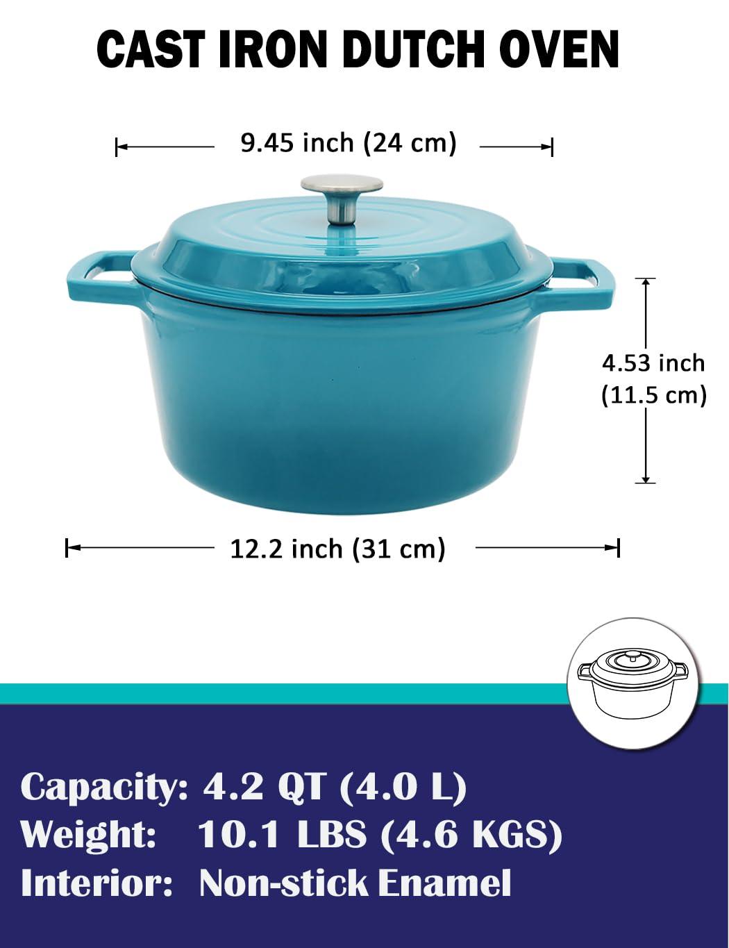 NWsystems 4.2 QT Cast Iron Dutch Oven, Non-stick and Enamel Interior, Multi-purpose Cooking & Baking, Suitable to All Kinds of Cooktops, Dishwasher Safe, the Gift for Family and Friends - Caribbean - CookCave