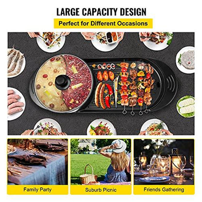 VEVOR Electric Grill Hot Pot 2 in 1, Multifunctional Grill Pan Indoor, Separate Dual Temperature Control, Large Capacity Non-Stick Pan Portable Korean BBQ, Electric Shabu Hot Pot 110V Smoke Free Stove - CookCave