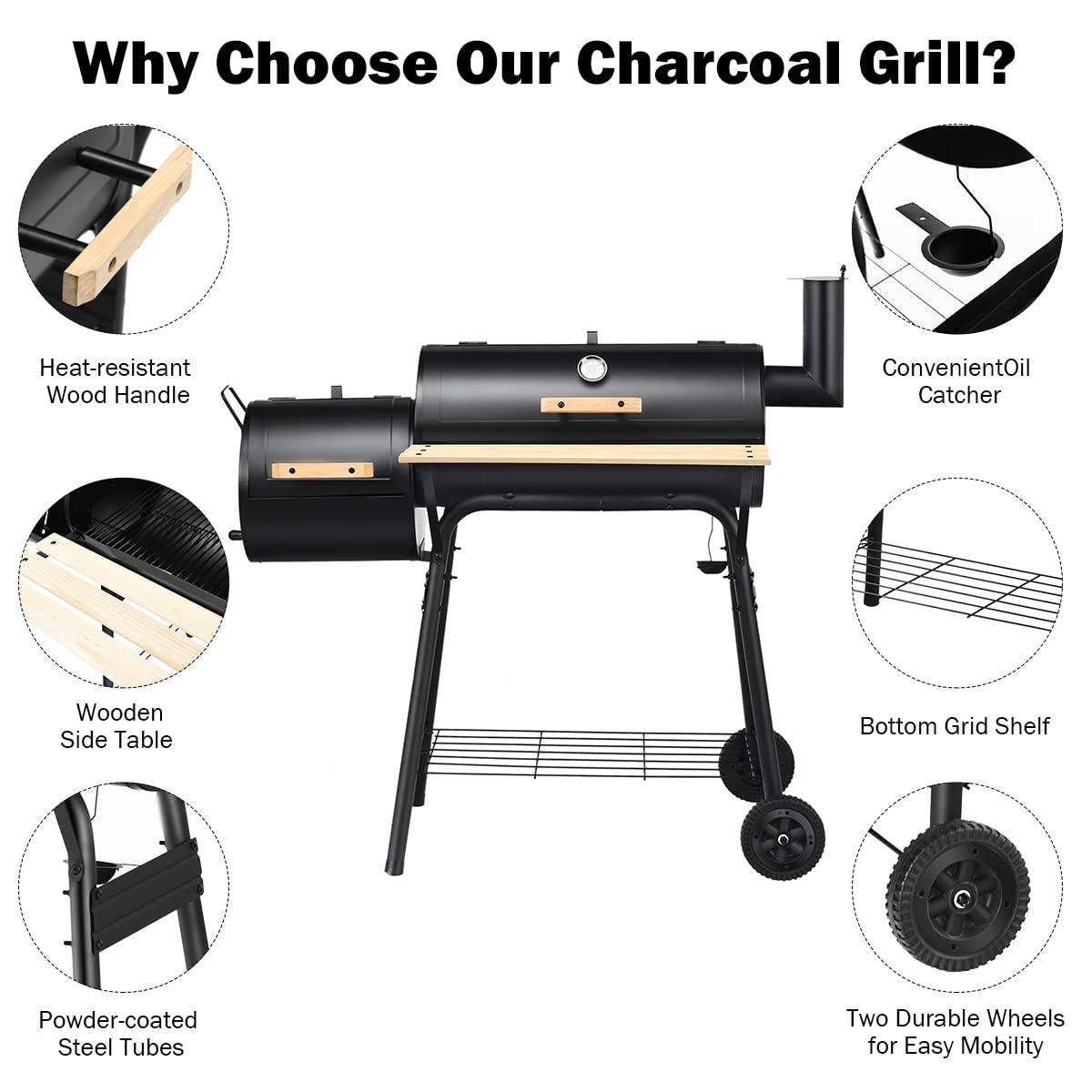 HAPPYGRILL Outdoor BBQ Grill with Offset Smoker & Thermometer, Portable Barbecue Charcoal Grill Oven with Wheels for Patio Backyard Party - CookCave
