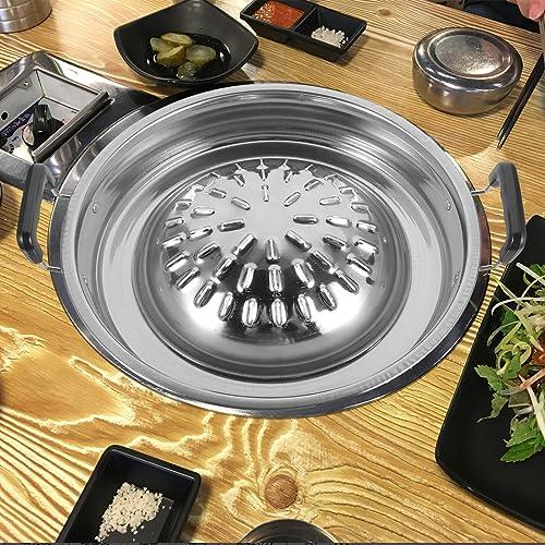 ABOOFAN Thai Korean BBQ Grill Pan Stainless Steel Barbecue Grill Topper Camping BBQ Pan for Shabu Vegetable Egg Pork Beef Meat Garlic Korean Cookware Silver - CookCave